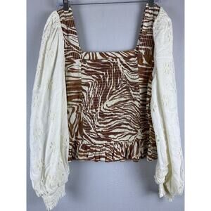 Anthro Love The Label Sz M Rust Animal Print Cream Eyelet Balloon Slv Crop Top